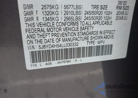 2020 Acura Mdx Technology Package z USA, uszkodzony, nr VIN 5J8YD4H54LL030332